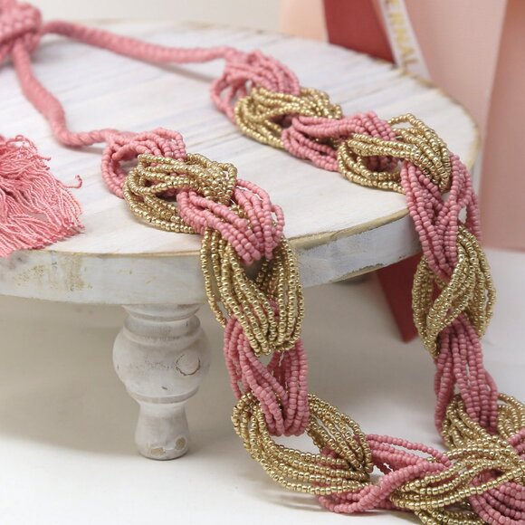 Coral & Beige ✦ Braided Beaded Necklace ✦ 19" Handcrafted Artisan Boho Jewelry - Picture 7 of 14